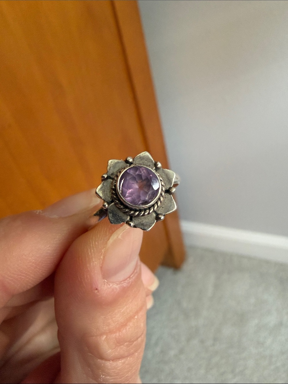 Sterling Silver Floral Ring with Purple Gemstone
